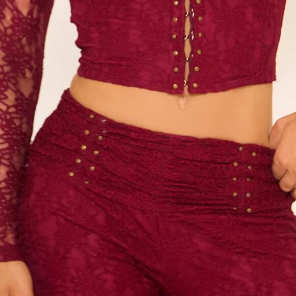 Fold Over Waistband Stud Detail Flared Leg Trousers In Burgundy Lace - Picture 3 of 4